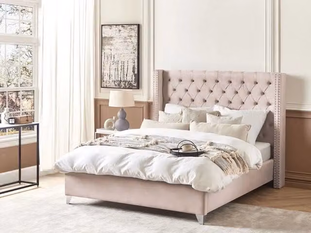 Letto Beliani in velluto rosa con poggiatesta imbottito e trapuntato stile glamour L/P/H: 160 x 200 cm