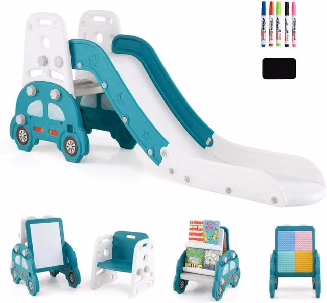 Scivolo per bambini 5 in 1 pieghevole con cavalletto e sgabello ergonomico in HDPE verde e multicolore L/P/H: 171 x 45 x 72 cm