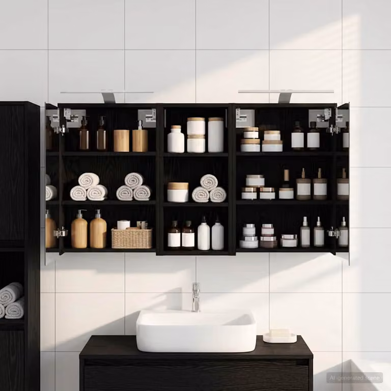 Set di 3 armadi da bagno con specchio e illuminazione LED vidaXL, colore nero opaco, L/P/H: 116 x 16 x 62,5 cm