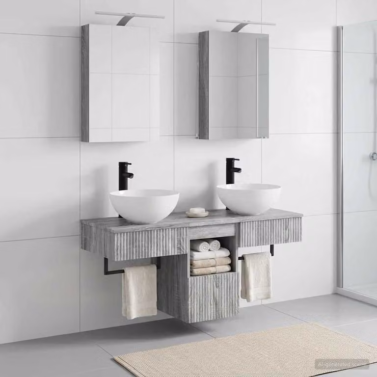 Set di 5 mobili da bagno moderni vidaXL in MDF grigio con illuminazione LED e specchio