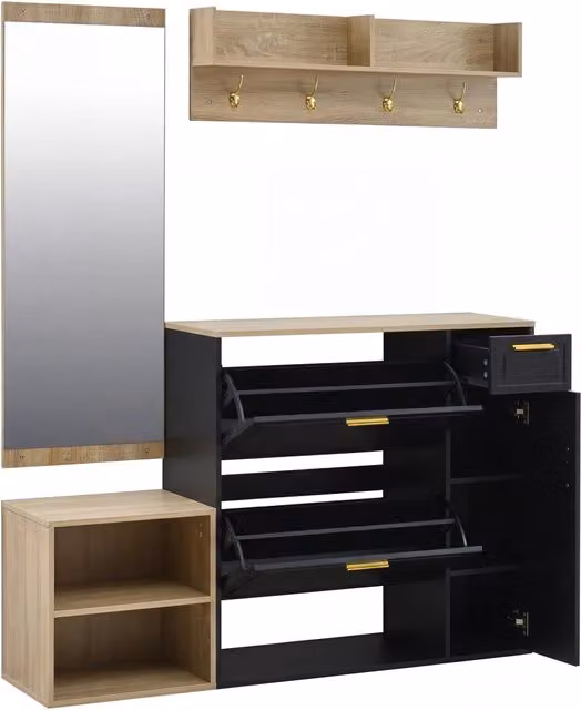 Mobile ingresso moderno con scarpiera, panca, appendiabiti e specchio, colore nero, L 130 x P 30 x H 174 cm