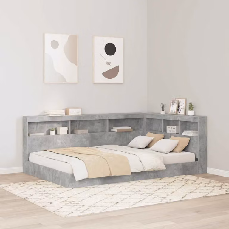 Testata letto con contenitore vidaXL Grigio cemento in legno e metallo con ripiano integrato e porta USB L: 207.5 cm, P: 137.5 cm, H: 76.5 cm