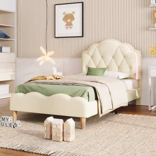 Letto Imbottito Aosom Italy con Testiera Ondulata in Pelle PU, Striscia LED Integrata e Doghe in Legno, Bianco, 90x200 cm