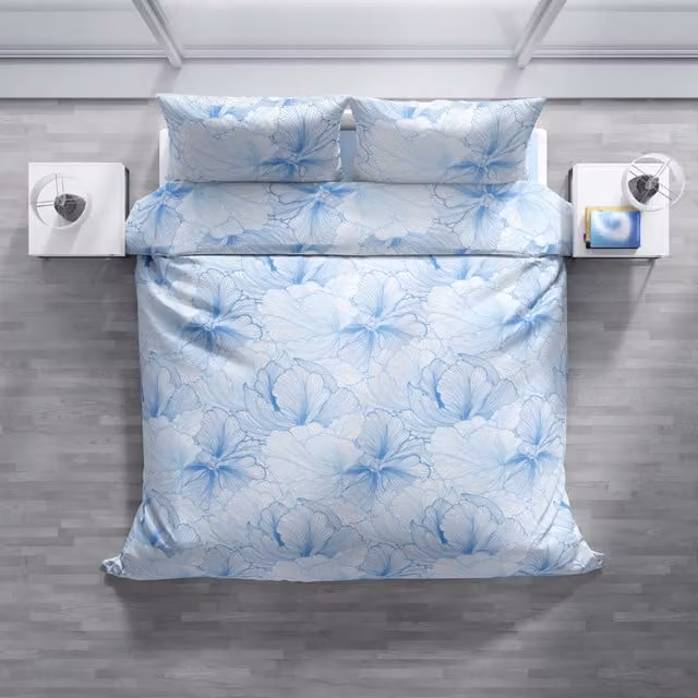 Completo copripiumino e federe DaunenStep Joy in cotone con fantasia floreale blu per adulti