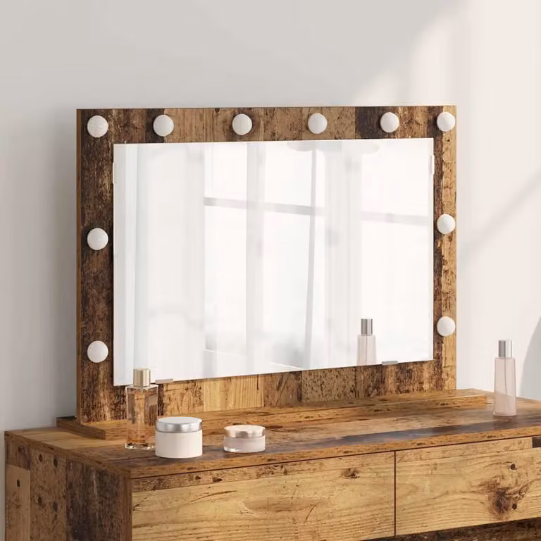 Specchio da vanità rettangolare vidaXL con luce LED in legno vecchio marrone L: 80 cm, P: 55 cm, H: 18 cm