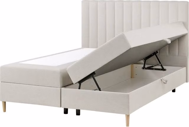 Divano letto matrimoniale Beliani con contenitore sollevabile e testiera imbottita, colore bianco, L/P/H: 211 x 160 x 123 cm