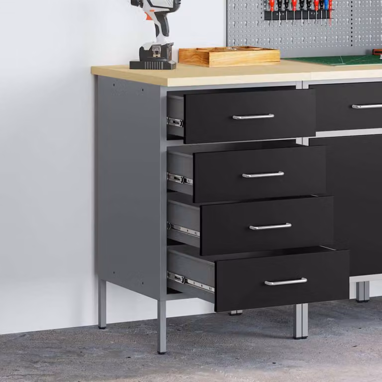 vidaXL Banco da lavoro con cassetto in acciaio e legno, Nero e Grigio, L: 50 cm, P: 55 cm, H: 85 cm
