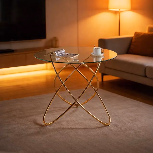 Tavolo da pranzo rotondo moderno OKWISH in vetro e metallo con finitura oro, ideale per soggiorno e cucina, L: 86 cm, P: 86 cm, H: 15 cm