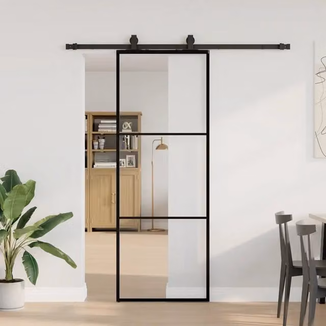 Porta Scorrevole Moderna VIDAXL in Vetro Trasparente con Telaio in Alluminio e Ferramenta Nera L: 76 cm, H: 205 cm