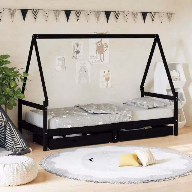 Letto a casetta per bambini vidaXL in legno massello di pino con cassetti nero L 200 cm x P 90 cm x H 143 cm
