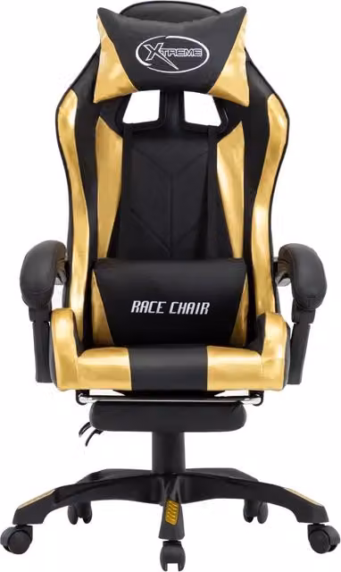 Sedia da Gaming vidaXL con Poggiapiedi, Colore Oro e Nero, in Similpelle con Poggiatesta e Ruote, Girevole a 360 Gradi