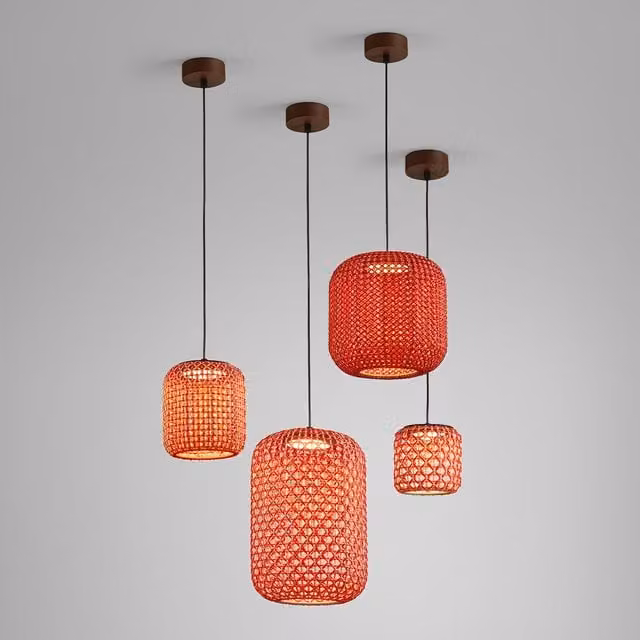 Lampada a sospensione outdoor Bover Nans in rattan beige e rosso con tecnologia LED dimmabile