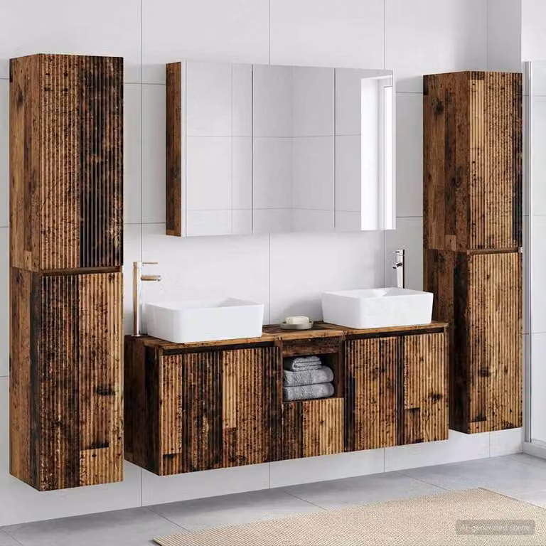 Set di mobili per il bagno moderno vidaXL in legno e vetro marrone composto da 6 pezzi con mobile lavabo e armadietto specchio con illuminazione LED