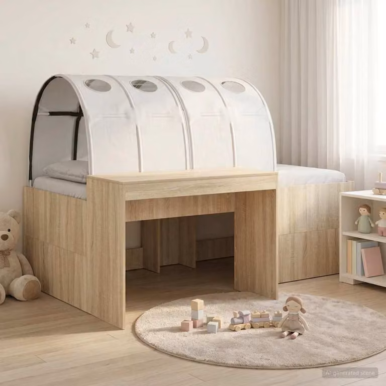 Set da camera per bambini vidaXL composto da letto alto e scrivania in legno ingegnerizzato, bianco e beige, L: 193 cm x P: 120 cm x H: 133,5 cm