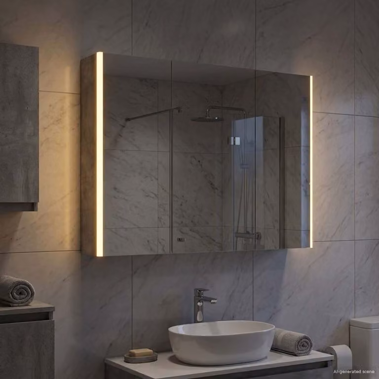Mobiletto per specchio da bagno vidaXL moderno con illuminazione LED e specchio, Grigio cemento, L: 70,0 cm, H: 103,5 cm, P: 15,5 cm