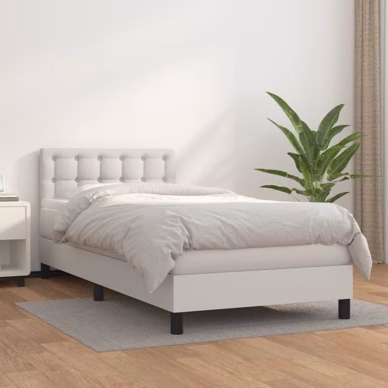 vidaXL Giroletto a Molle Ibrido con Materasso a Tasche e Luci LED Integrate in Similpelle Bianca, L/P: 90 x 200 cm