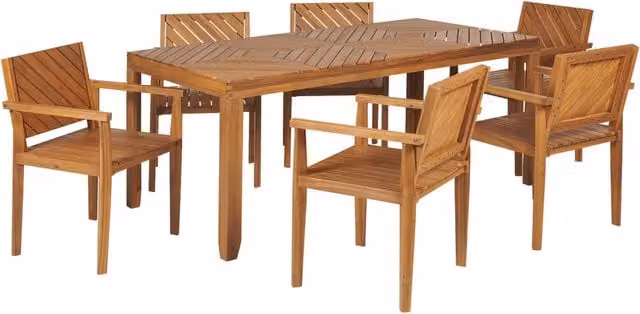 Set da pranzo da giardino Beliani in legno di acacia marrone con 6 sedie, stile classico, L: 180 cm x P: 90 cm x H: 74 cm
