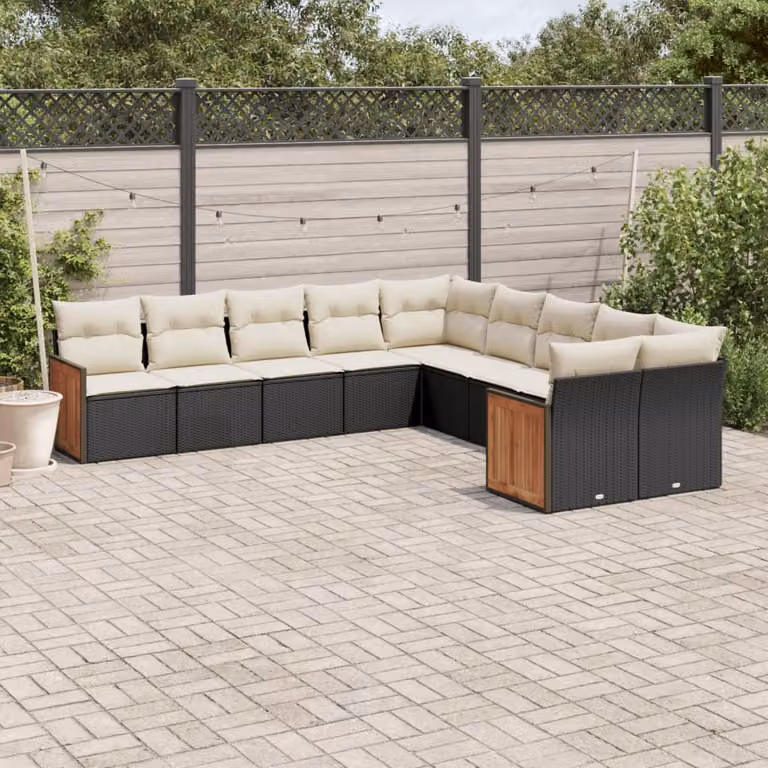 Set di divani da giardino vidaXL in rattan con cuscini bianchi e struttura in metallo nero