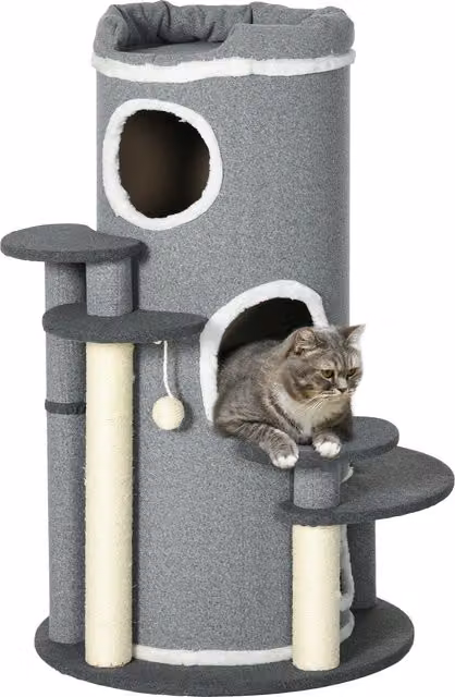 Set di 2 alberi grattatori per gatti PawHut con 4 aree riposanti e 4 tiragraffi, L/P/H: 57 x 57 x 99 cm, Grigio e Bianco