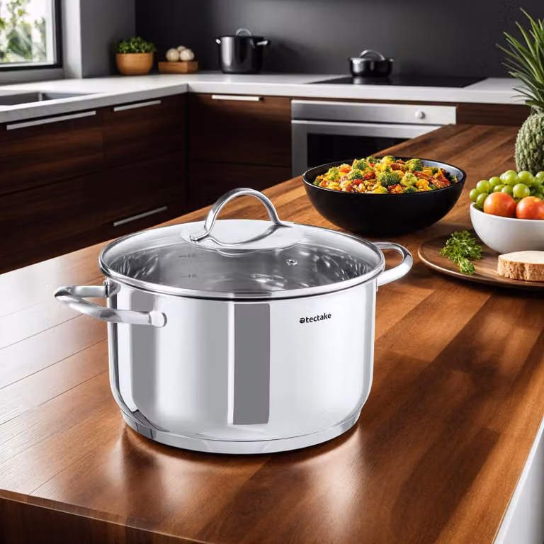 Set di pentole TecTake Bologna II da 9 pezzi in acciaio inox e vetro, argento, adatto per induzione