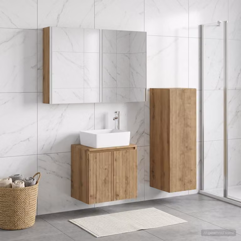 Set di mobili per il bagno moderno vidaXL in legno e vetro marrone composto da armadietto con specchio con illuminazione LED, mobile lavabo e armadietto laterale