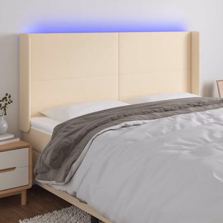 Testiera con LED e porta di ricarica USB vidaXL in tessuto beige, L: 203 cm, P: 16 cm, H: 118/128 cm