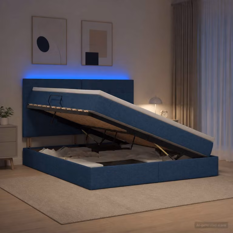 Letto con contenitore vidaXL in tessuto blu con illuminazione LED e porta USB, L/P/H: 180 x 200 x 140 cm