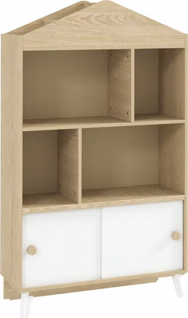 Libreria per bambini AIYAPLAY in legno con ripiani aperti e armadietto, L: 80 cm, P: 30 cm, H: 140.5 cm, Bianco e color Legno
