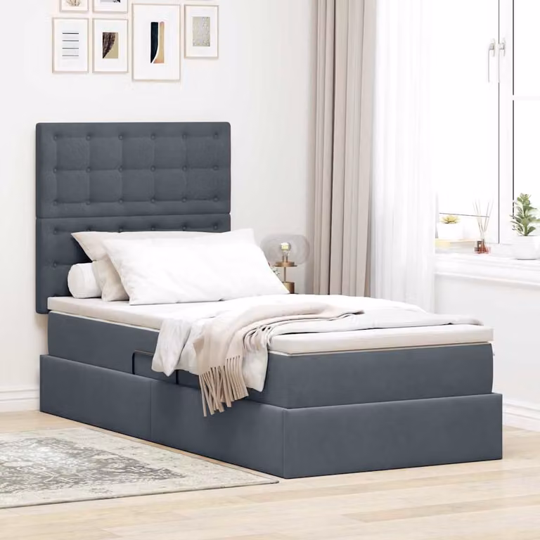 vidaXL Letto con contenitore e materasso in tessuto grigio con base a sollevamento L/P/H: 100 x 200 x 45 cm