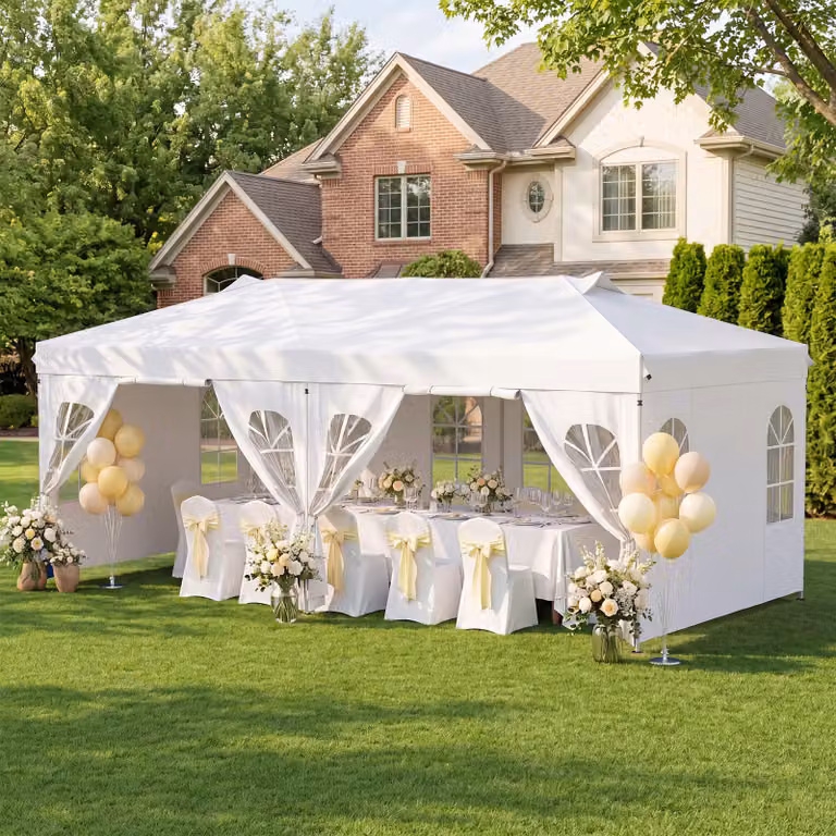 Gazebo da esterno pieghevole Costway con pareti rimovibili e strisce riflettenti, tendone pop up regolabile in altezza, Bianco, L: 6 m, P: 3 m