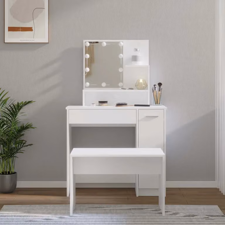 vidaXL Set Tavolo da Toeletta Hollywood LED Bianco in Legno Multistrato L: 136,0 cm, P: 35,0 cm, H: 86,5 cm