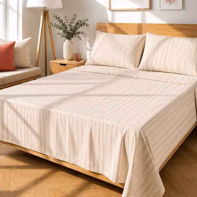 Completo letto matrimoniale KASANOVA a righe beige in cotone e poliestere, 180x200 cm