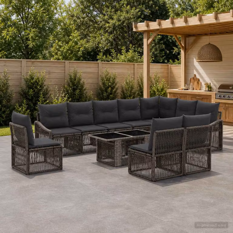 Set Divano da Giardino vidaXL 11 pezzi in Polyrattan con Tavolino e Cuscini Grigio e Antracite