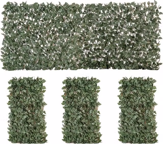 Set di 4 siepi artificiali di edera estensibili Outsunny, pannelli murali frangivista in poliestere e vimini, Verde, L: 200 cm, H: 100 cm