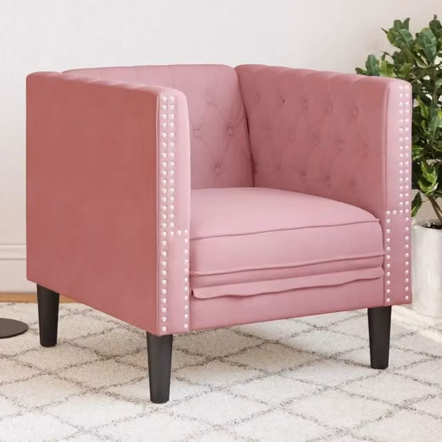 Divano Sedia-Poltrona Chesterfield in Velluto Rosa con Braccioli e Struttura in Legno
