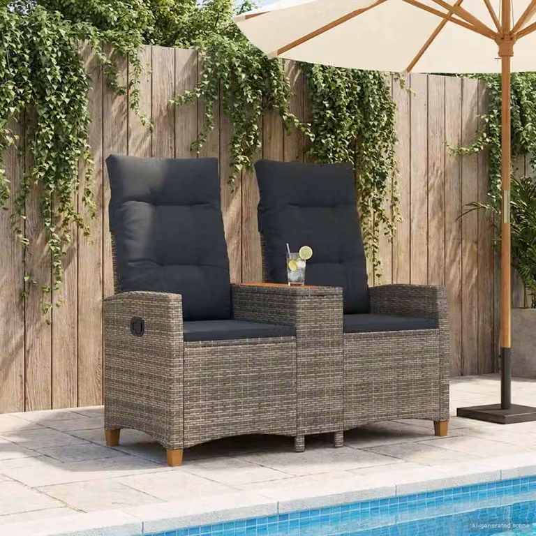Panchina reclinabile con tavolo da 2 posti vidaXL in polyrattan con cuscini, Grigio e Antracite, L 126 x P 65 x H 112 cm