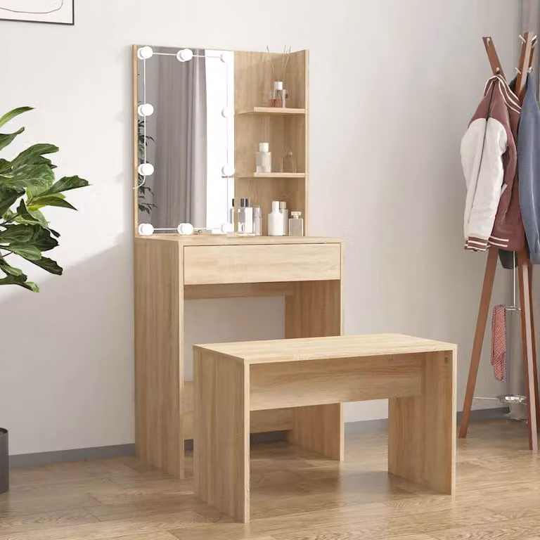 Set Tavolo da Toeletta con LED vidaXL in Rovere Sonoma e Legno Multistrato, L: 140 cm, P: 40 cm, H: 60 cm