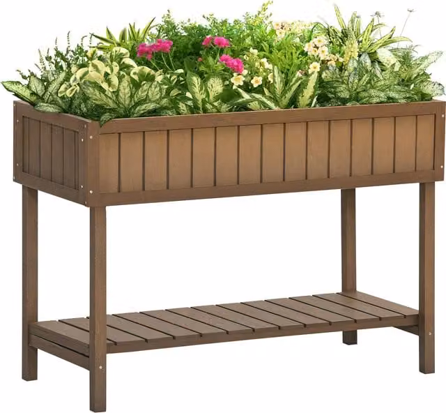 Fioriera rialzata Outsunny in legno di abete marrone con 8 scomparti, ripiano e inserti per irrigazione, L: 110 cm, P: 46 cm, H: 76 cm