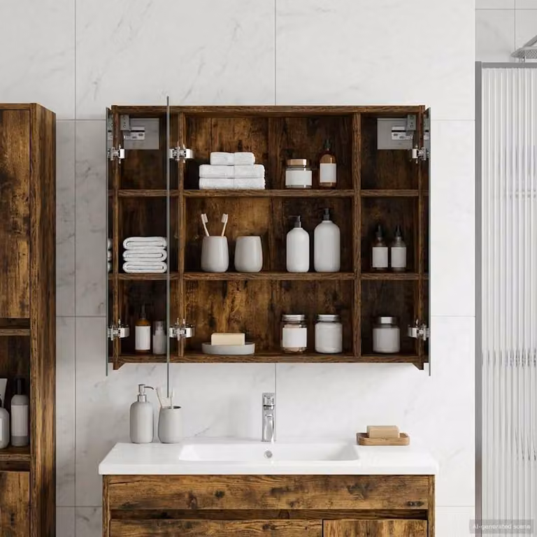 Mobiletto per specchio da bagno vidaXL in Rovere fumé con ante in vetro e ripiani interni, L: 73,5 cm, P: 16 cm, H: 62,5 cm