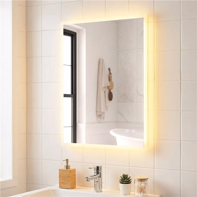 Specchio da bagno Costway a parete rettangolare in vetro temperato bianco con LED dimmerabile, anti-appannamento e funzione memoria, L: 70 cm, H: 50 cm