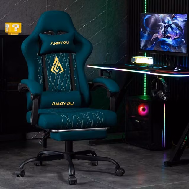 Poltrona da gaming Minimal in pelle PU blu con poggiapiedi reclinabile e supporto cervicale