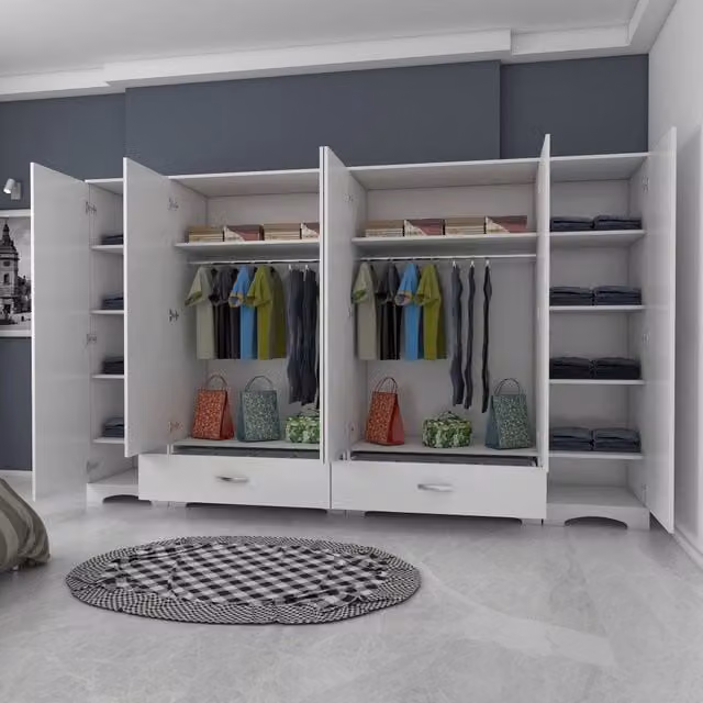 Armadio da camera da letto DMORA con ante scorrevoli e cassetti integrati, Bianco opaco, L: 243 cm, H: 181 cm