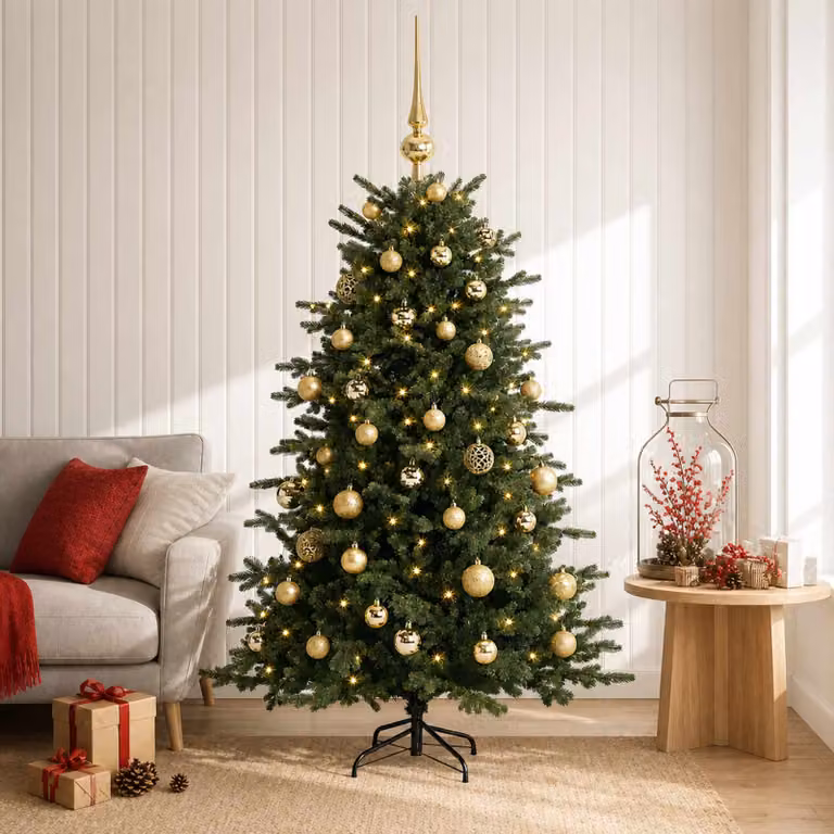 Albero di Natale artificiale verde vidaXL con 150 LED luce bianca calda e decorazioni a cono, Altezza: 120 cm