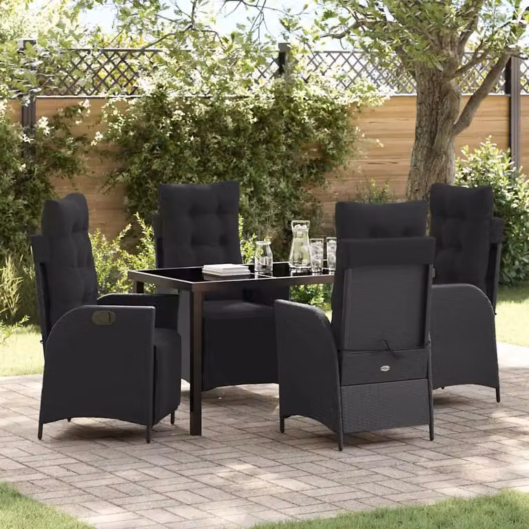 Set da pranzo per giardino e terrazzo vidaXL in polyrattan nero con tavolo in vetro, composto da 5 pezzi