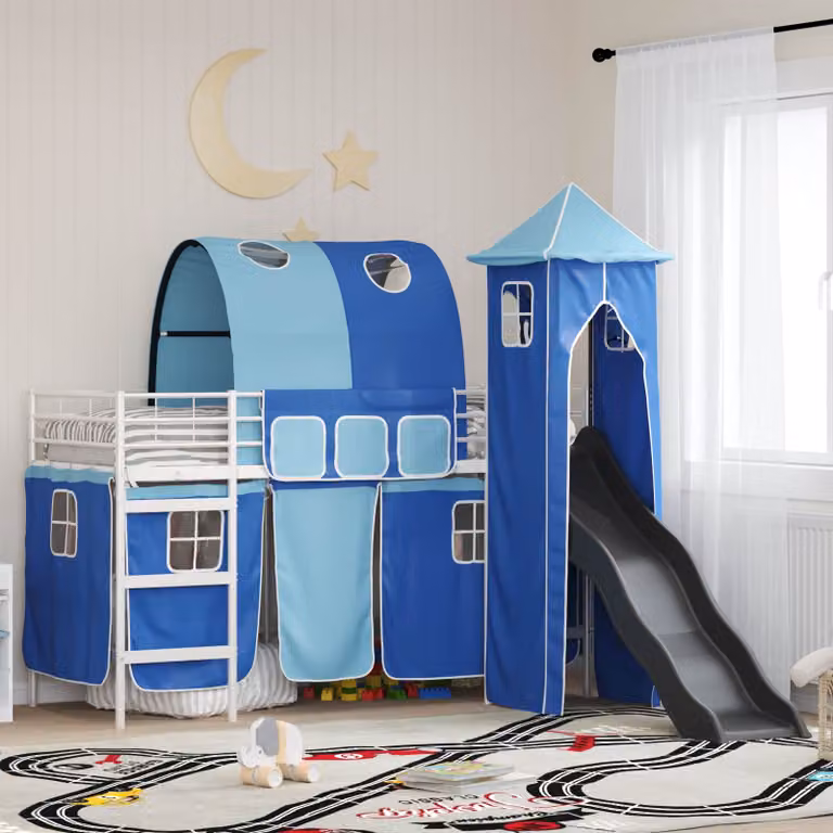 Letto a castello per bambini vidaXL in metallo con struttura a casetta, Bianco, Blu e Nero, L: 194 cm, P: 80 cm, H: 116 cm