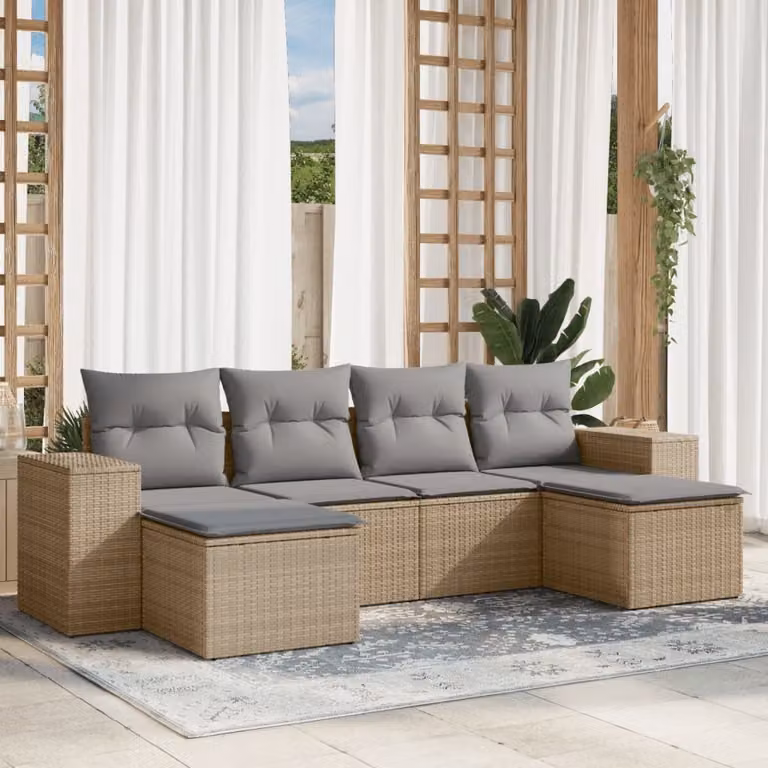 vidaXL Set Divano da Giardino 6 pz a L in Polyrattan con Cuscini Beige e Grigio
