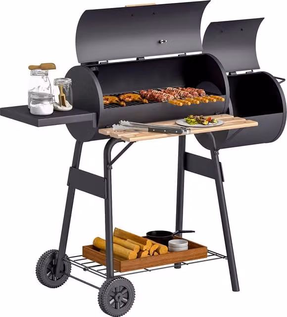 Barbecue da giardino a carbone Outsunny con coperchio, ripiani, ruote e termometro, Nero, L 124 x P 53 x H 104 cm