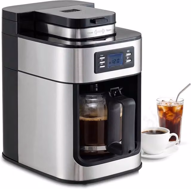 Macchina da caffè Design In con macinacaffè elettrico, caraffa in vetro da 1 l, funzione timer e mantenimento in caldo, colori argento e nero