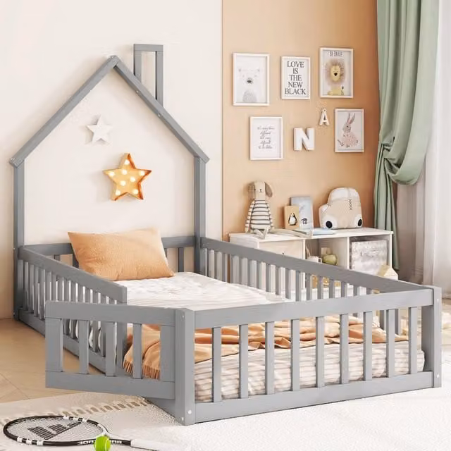Letto a castello CIPACHO per bambini con struttura a casetta in pino e MDF, colore grigio, L/P/H: 200 x 90 x 120 cm