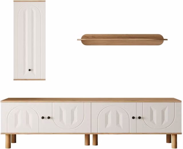 Parete attrezzata moderna GL Store composta da mobile alto, mobile basso e pannello a parete in finitura legno bianco, beige e multicolore